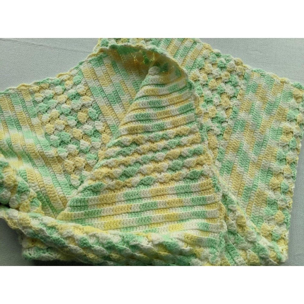 Crochet Granny Afghan Blanket 46x41 Yellow White Green Unisex Crib Chunky Winter